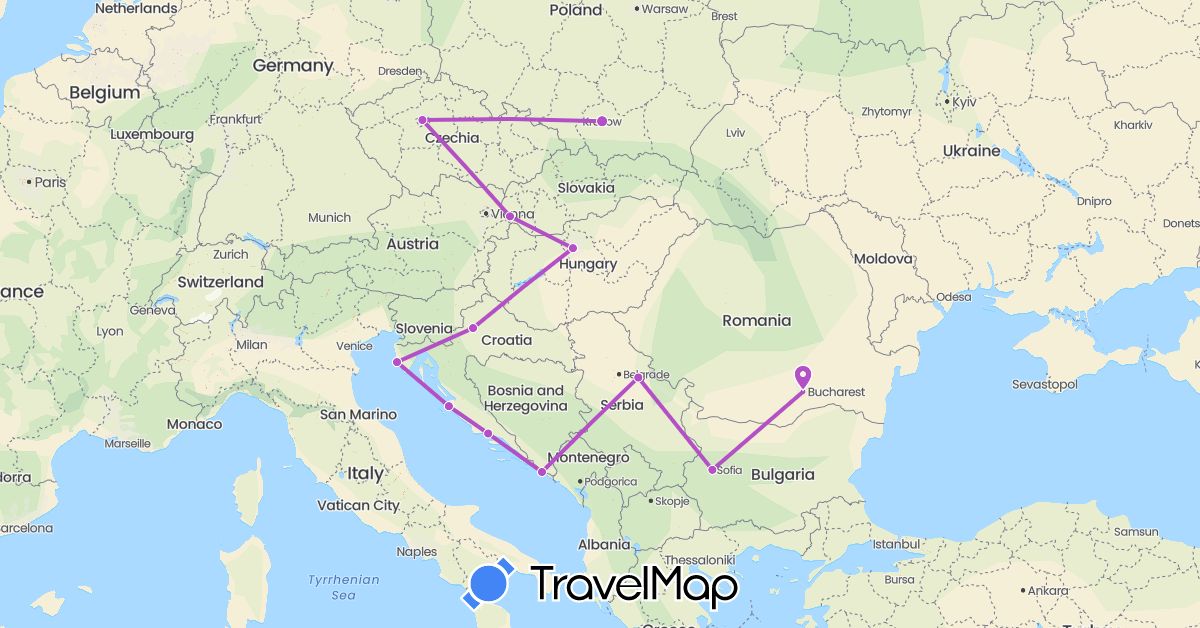 TravelMap itinerary: train in Bulgaria, Czech Republic, Croatia, Hungary, Poland, Romania, Serbia, Slovakia (Europe)